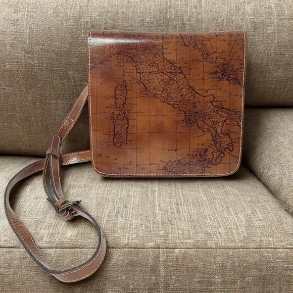 Patricia Nash Leather Crossbody – Vintage Map Print in Riot Rust - Picture 1 of 15